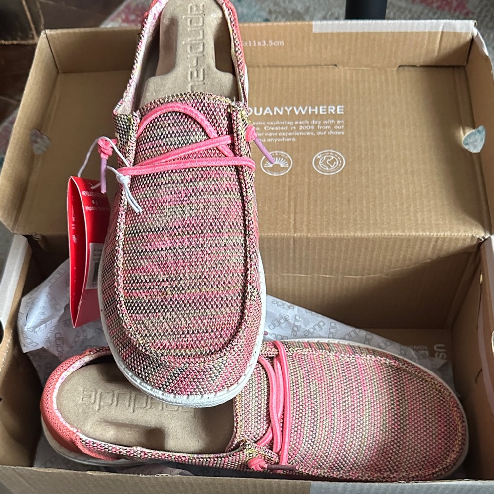 Hey Dude Women's Slip-On Moccasins in Pink and Tan Knit